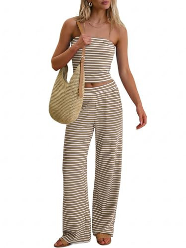 ANRABESS Women 2 Piece Sets Summer Striped Outfits Matching Tube Top Wide Leg Lounge Pants 2026 Travel Beach Vacation Clothes Brown White Stripe Medium | Amazon (US)
