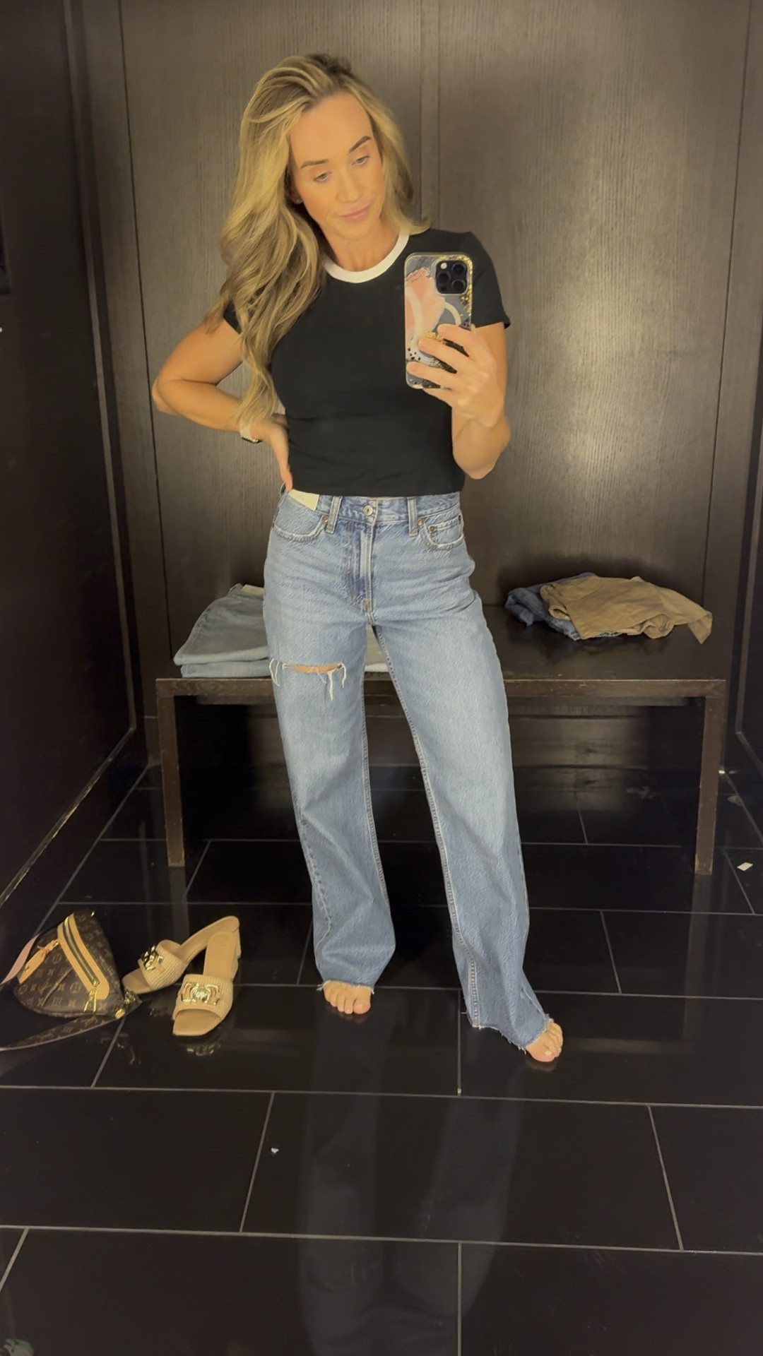 Go get ‘ The Loose’ Jean at Abercrombie! 

These are a list of my favorite. Shirt is linked as well. True size all around. 