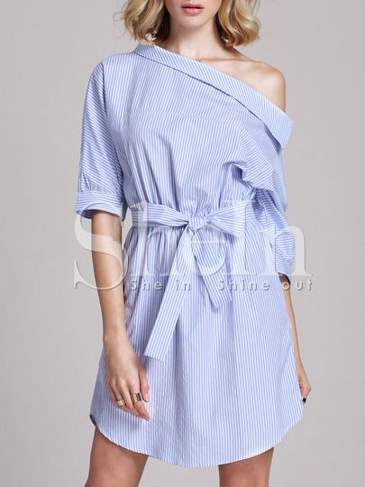 Blue Periwinkle Shouldered Half Sleeve Off The Shoulder Striped Dress | SHEIN