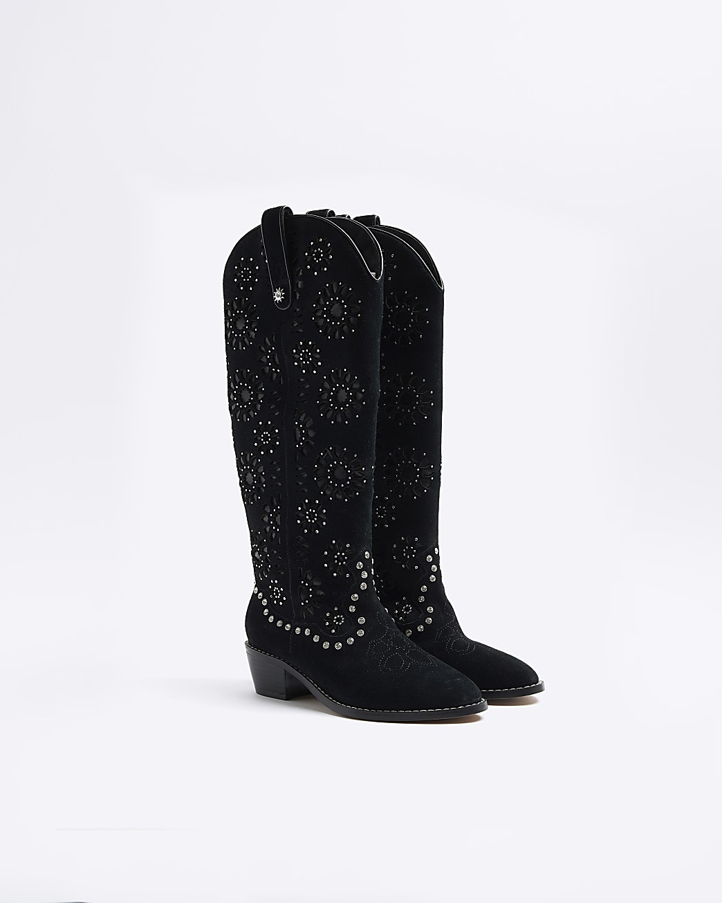 Black Suede High Leg Cut Out Western Boot | River Island (UK & IE)