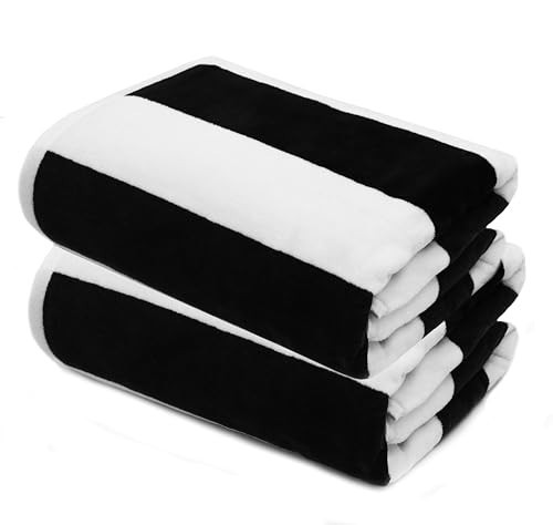 COTTON CRAFT Oversized XXL Beach Towel - 2 Pack 35x84 - The Big Kahuna 7 Foot Extra Large Beach Blanket Towel - Big & Tall - Huge 100% Cotton Velour Soft Luxury Pool Bath Towel - Cabana Stripe Black | Amazon (US)