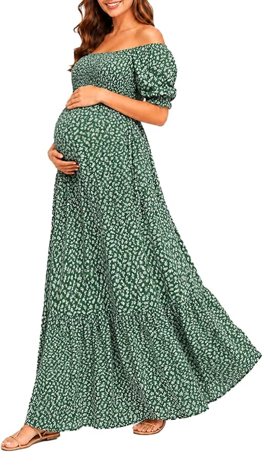 Maternity Dress Baby Shower - 2025 Photoshoot Pregnancy Summer Floral Maxi Off Shoulder Casual Dr... | Amazon (US)