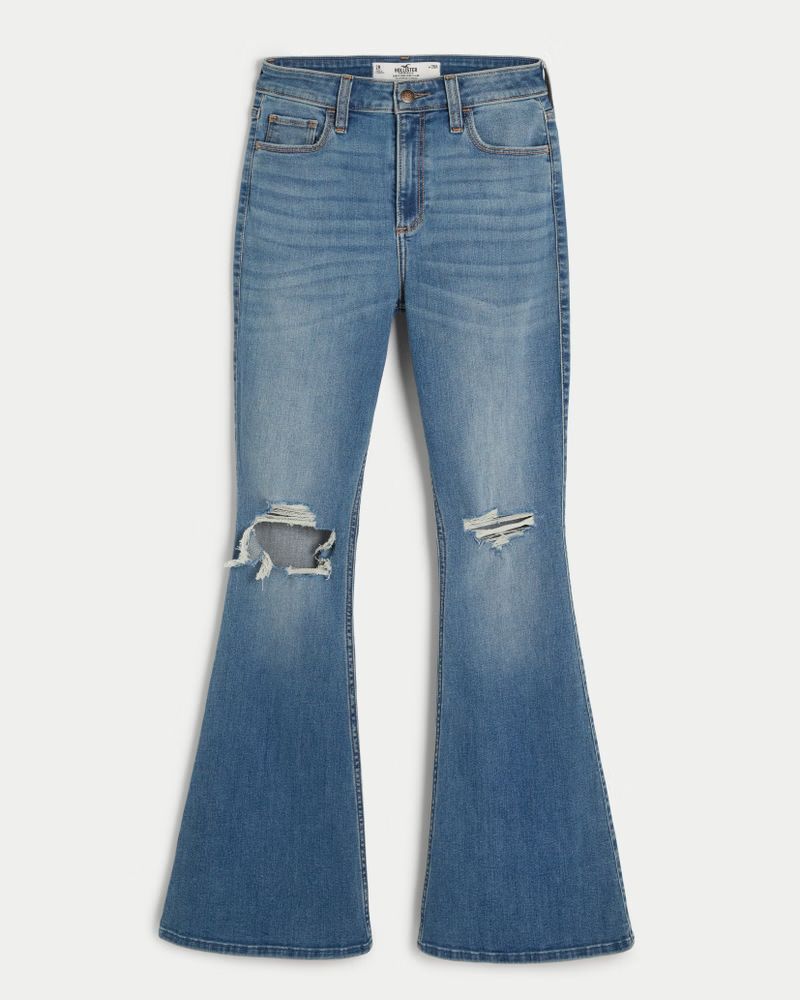 Curvy High-Rise Ripped Medium Wash Flare Jeans | Hollister (US)