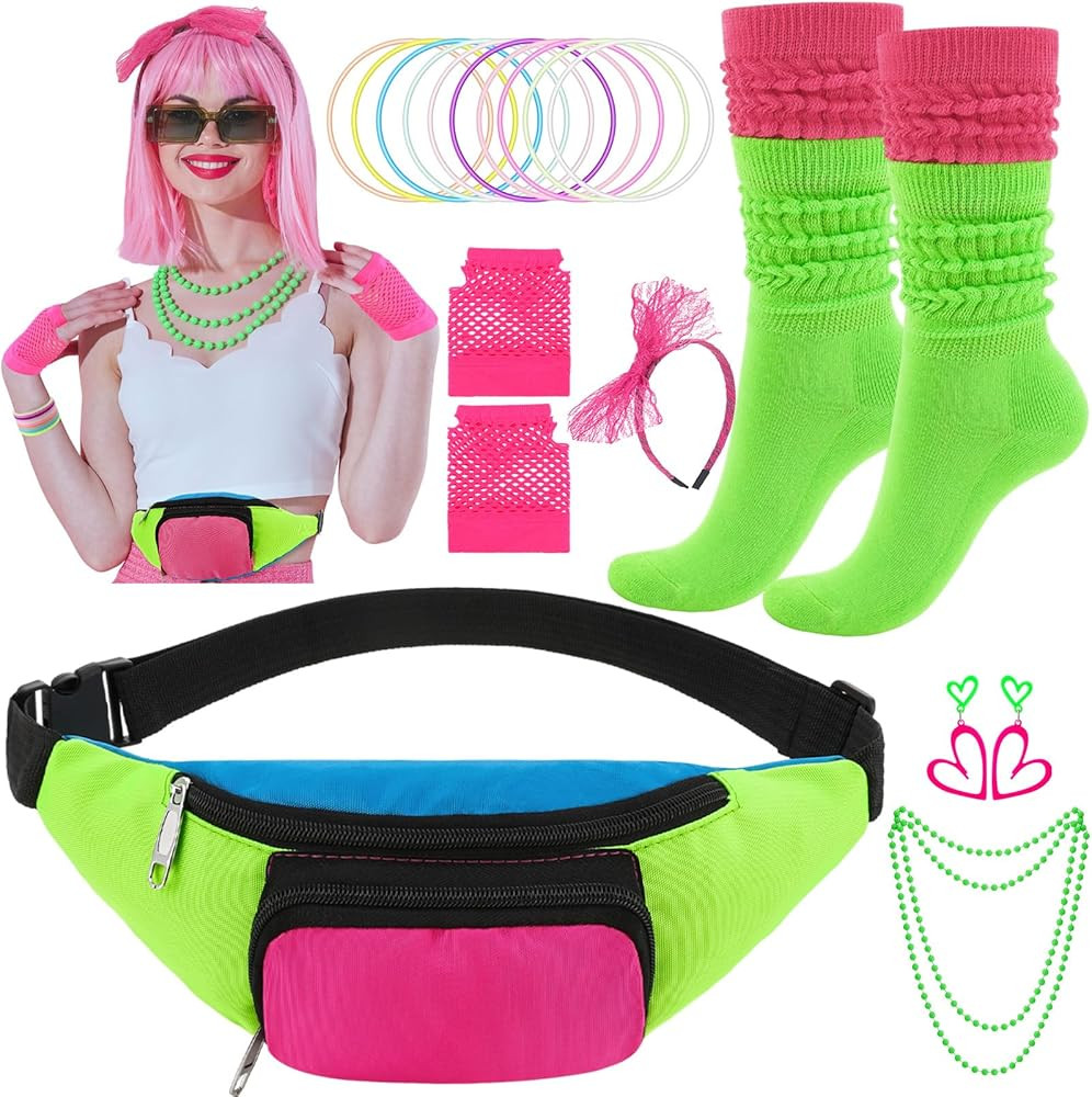 Fingertip WD 80s Costume Accessories Set, Neon Retro Fanny Pack Hairband Fishnet Slouch Socks for... | Amazon (US)
