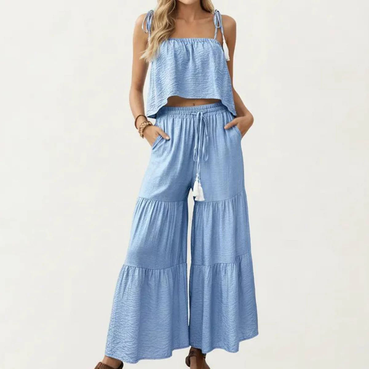 Anna-Kaci Women's 2-Piece Sleeveless Crop Top and Wide Leg Pants Set with Tie Straps Drawstring W... | Target