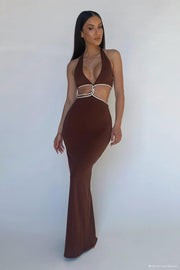 Nicha Diamante Cut Out Midi Dress - Chocolate | MESHKI US