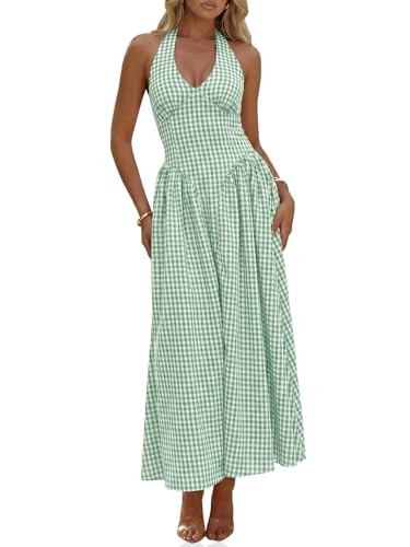 Wenrine Womens Halter V Neck Corset Maxi Dresses Summer Plaid Smocked Tie Back Backless Wedding G... | Amazon (US)