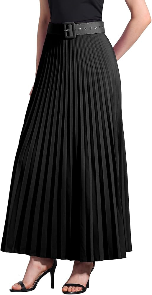 Allegra K Long Pleated Skirt for Women's Elastic High Waist with Belt Swing A-line Work Maxi Skir... | Amazon (US)