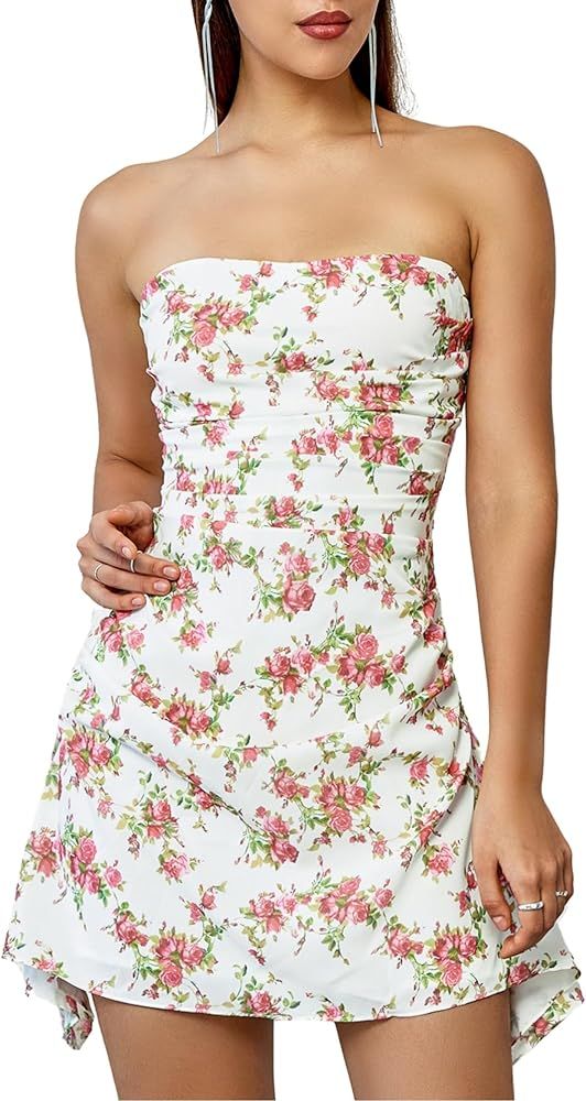 Parthea Womens Floral Dress Y2K Strapless Dresses Going Out Sexy Mini Dress for Cocktail Clubwear... | Amazon (US)