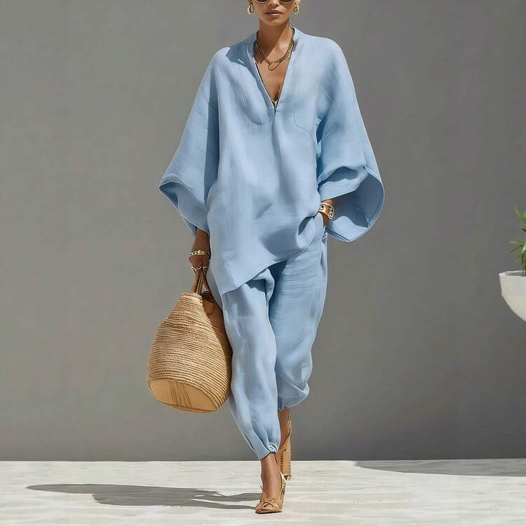2026 Spring/Summer Fashion Women's Casual Style Bat Sleeve V-Neck Loose-Fit Outfit | SHEIN