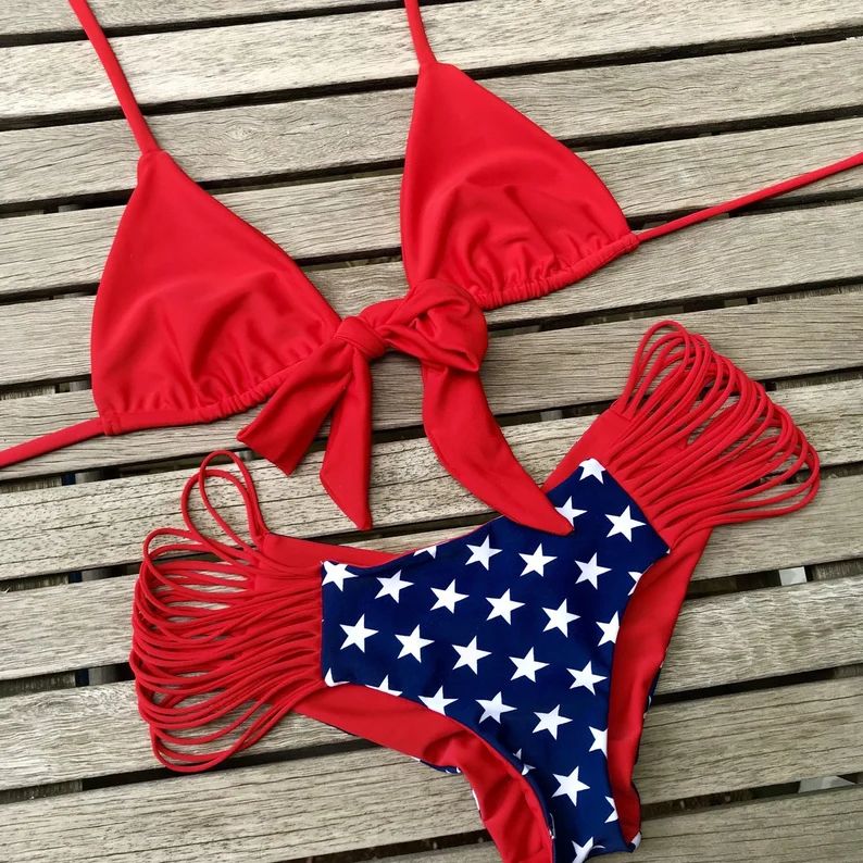 Red Hot American Flag Scrunch Strappy Bikini Set | Etsy (US)