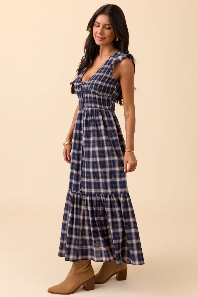 Ruth Navy Plaid Maxi Dress SALE | Pink Lily