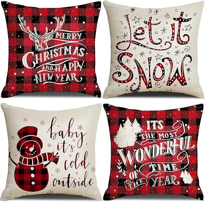 Bigqin 4 Set Christmas Throw Pillow Covers 18 x 18 Set of 4, Square Cushion Pattern Pillow Case w... | Amazon (US)