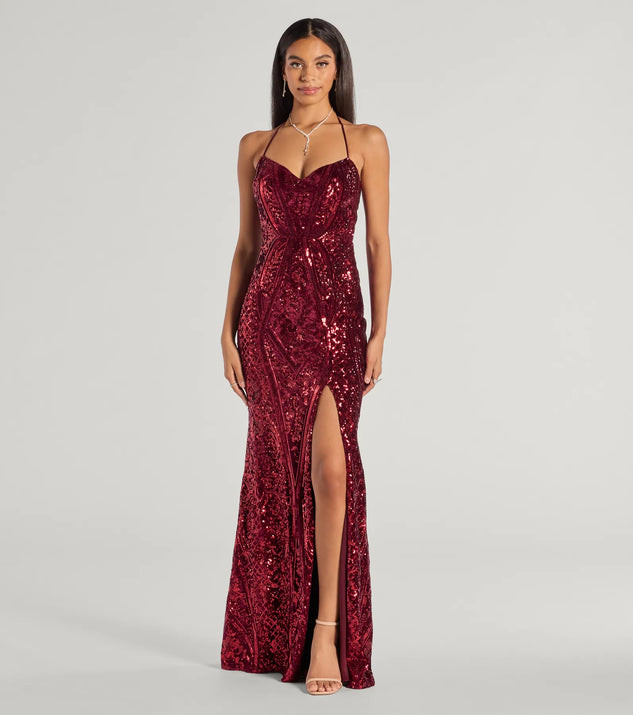 Meara Sequin Velvet Hight Slit Column Dress | Windsor Stores