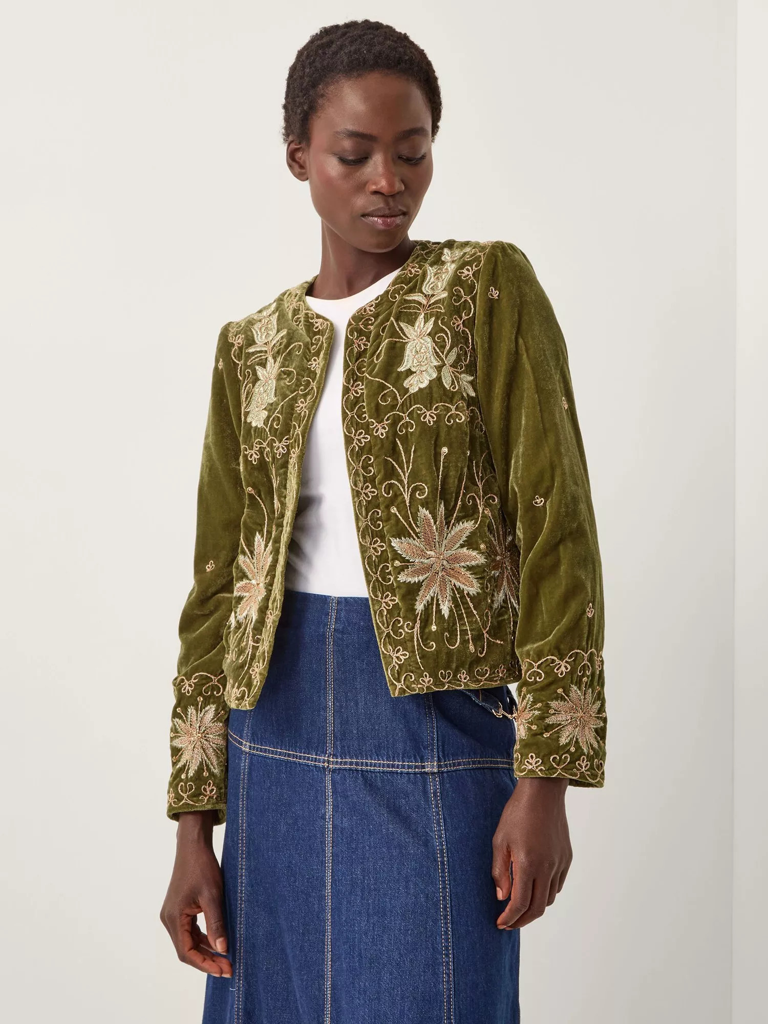 Monsoon Magda Floral Velvet Jacket, Khaki | John Lewis (UK)