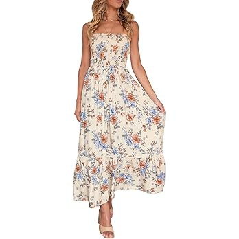 ZESICA Women's Summer Strapless Dress Off Shoulder Sleeveless High Waist Solid Color Beach Long D... | Amazon (US)