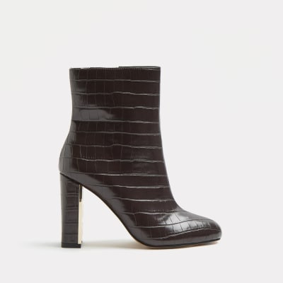 Brown croc embossed heeled ankle boots | River Island (UK & IE)