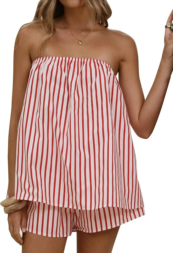 calbatic Women Striped Two Piece Shorts Set Strapless Tube Top Lounge Sets Summer Vacation Resort... | Amazon (US)