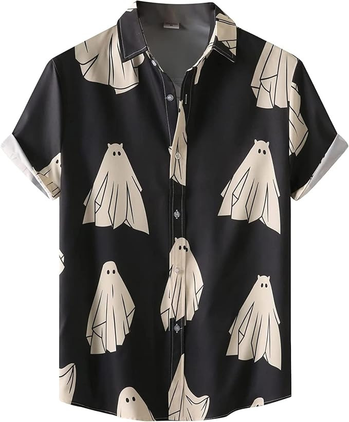 BIRW Halloween Shirt Men Fun Pumpkins Skull Short Sleeve Button Down Hawaiian Holiday Shirts | Amazon (US)