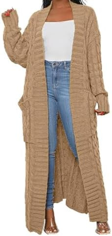 Womens Thin Stylish Cable Knit Dual Extra Long Maxi Cardigan with 2-Pockets | Amazon (US)