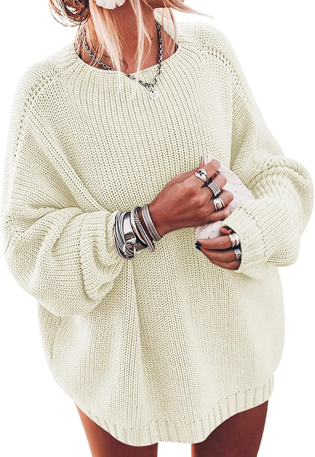 Ugerlov Women's Oversized Sweaters Batwing Sleeve Mock Neck Jumper Tops Chunky Knit Pullover Sweater | Amazon (US)