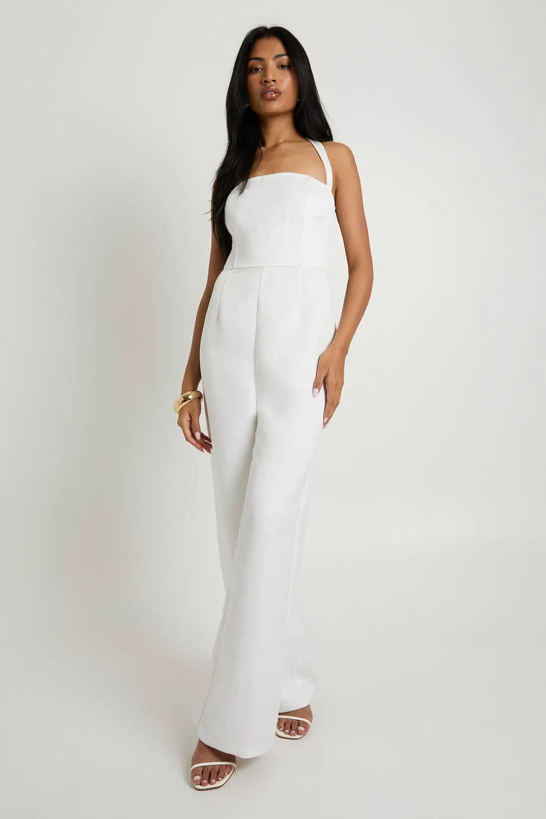 White Premium Satin Boned Corset Halterneck Wide Leg Jumpsuit | Boohoo USA | boohoo (US & Canada)