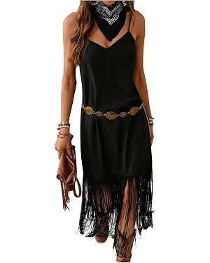 Verdusa Women's Western Fringe Dress Cowgirl Boho Deep V Neck Maxi Dresses | Amazon (US)