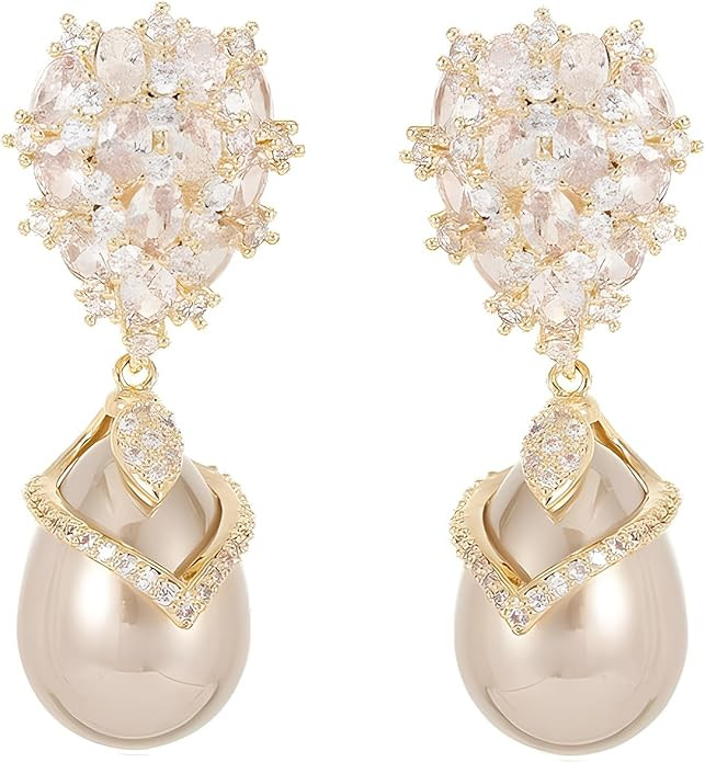 Pearl Bridal Wedding Earrings Dangling Cubic Zirconia and Water Drop Pearls Dangle Earrings for B... | Amazon (US)