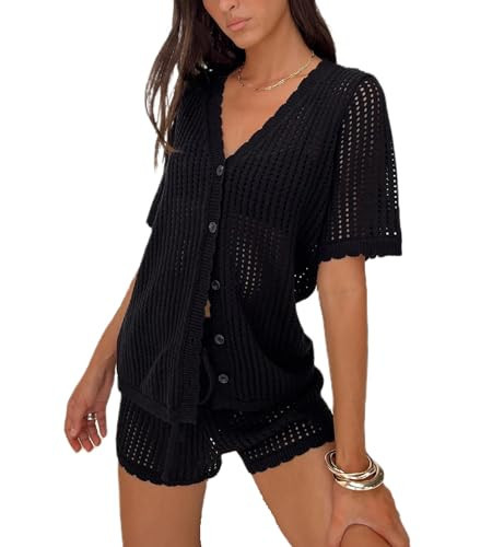 KMBANGI Women Knitted Lounge Shorts Set Short Sleeve Button Shirt Crochet Knit Short Pants Summer 2 Piece Outfits (Chic Black, XL) | Amazon (US)