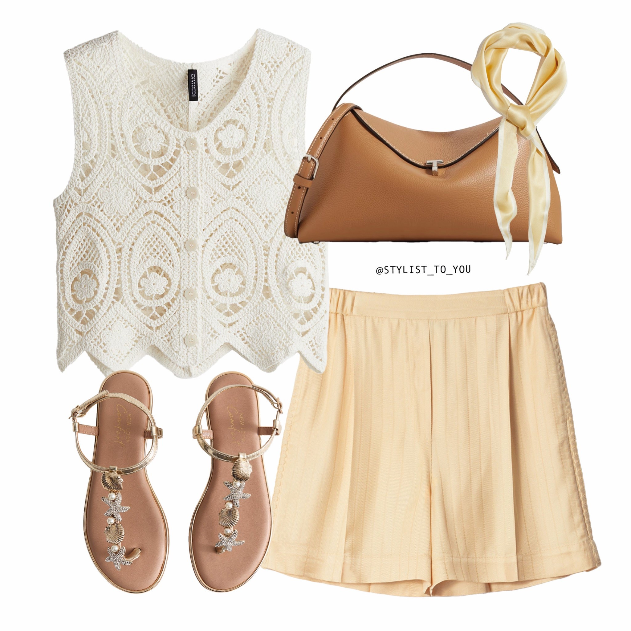 Soft glam 💛

A soft, feminine summer outfit featuring a sleeveless crochet lace vest waistcoat, buttermilk yellow textured pleated shorts, shell embellished thong sandals, a structured tan handbag with a satin hair scarf tied on the bag. summer outfit, feminine style, lace vest, crochet top, beige shorts, pleated shorts, soft tones, neutral palette, boho chic, beachwear, summer fashion, light outfit, delicate lace, summer sandals, embellished sandals, starfish design, vacation style, tan bag, satin scarf, shoulder bag, soft girl style, resort wear, linen shorts, coastal chic, light neutrals, airy fabric, flowy shorts, casual cute, brunch outfit, bohemian look, summer accessories, pretty details, scallop hem, button-up vest, sleeveless top, romantic style, beachy look, boho summer, elegant casual, minimalist summer

#LTKsummer #LTKuk #LTKeurope