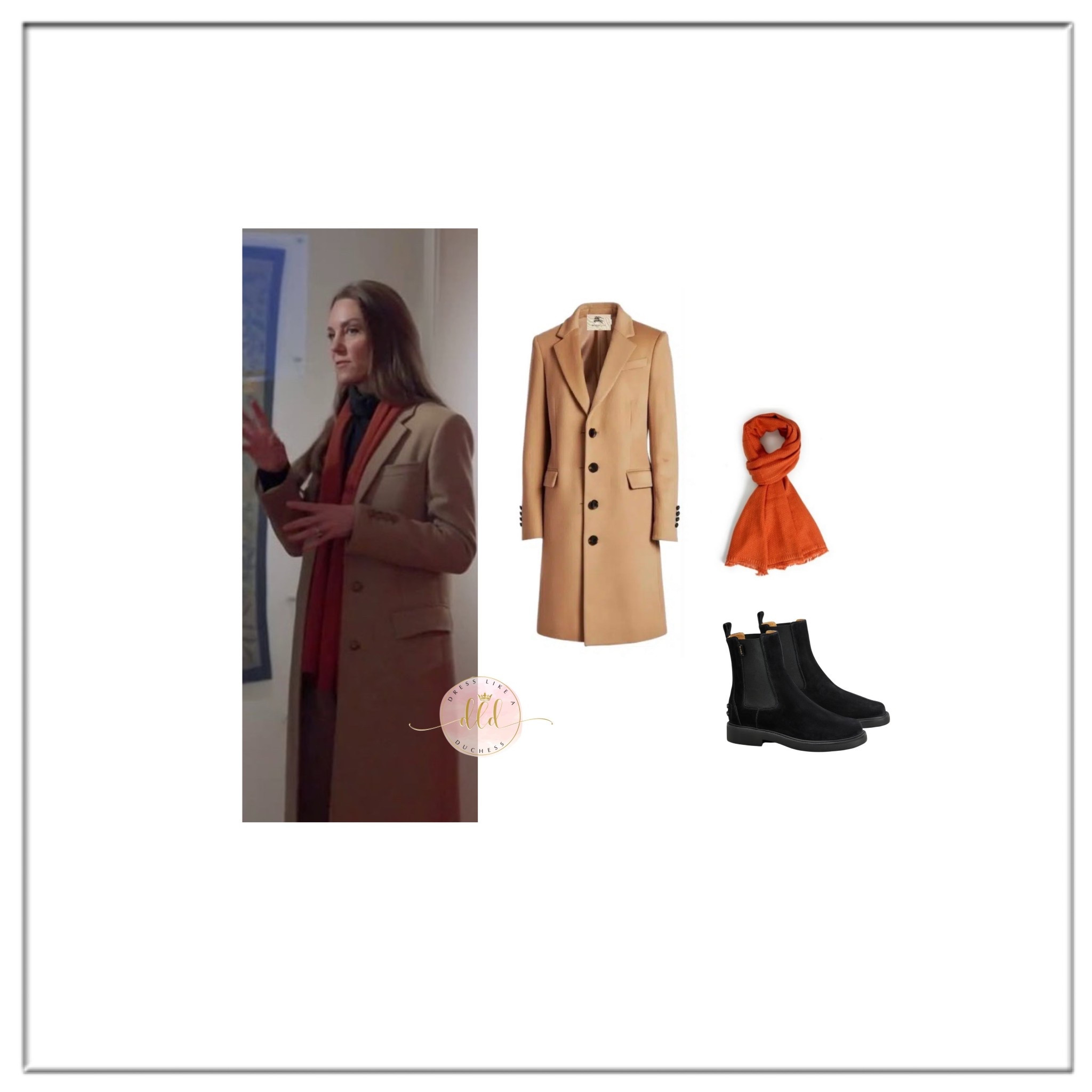 1/31/26 Kate Middleton at the Arc Gallery in Winchester wearing Bespoke Burberry wool cashmere coat in natural + Pickett London Basket Weave Pashmina + possibly Tod’s booties 