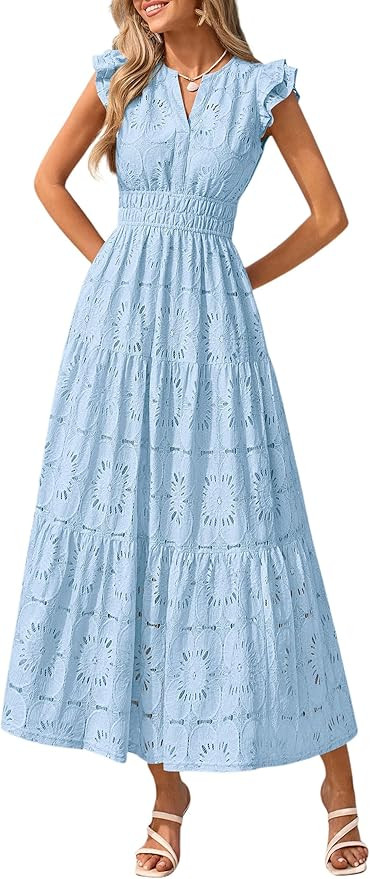 PRETTYGARDEN Womens Boho Maxi Dresses 2026 Summer Floral Lace Eyelet V Neck Spring Wedding Guest ... | Amazon (US)