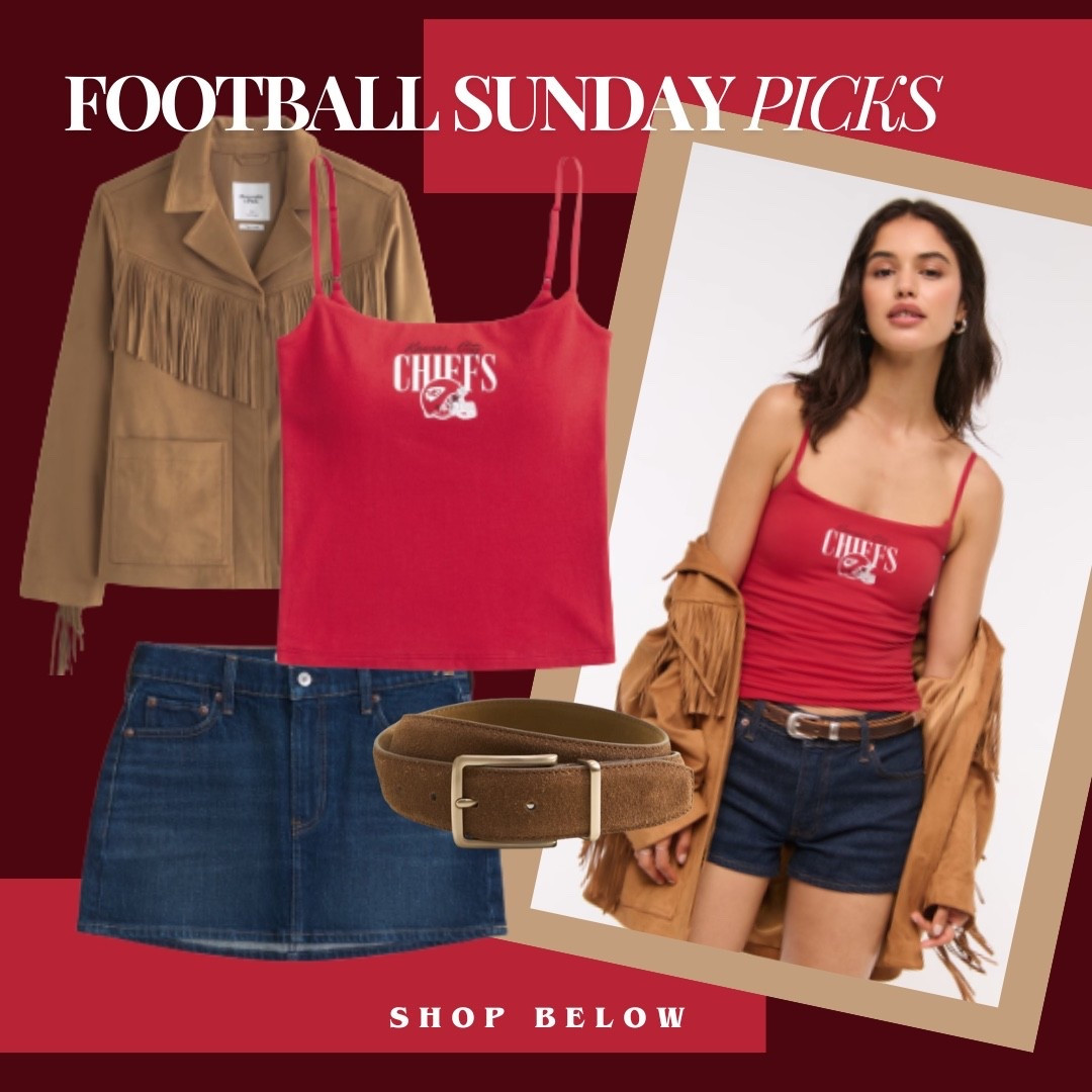 Football Sunday look, Kansas city chiefs, red outfit, Abercrombie football collection, Abercrombie sale, Jean mini skirt, fringe jacket, women’s tank, football outfit for her

#LTKautumn #LTKFindsUnder100 #LTKSaleAlert