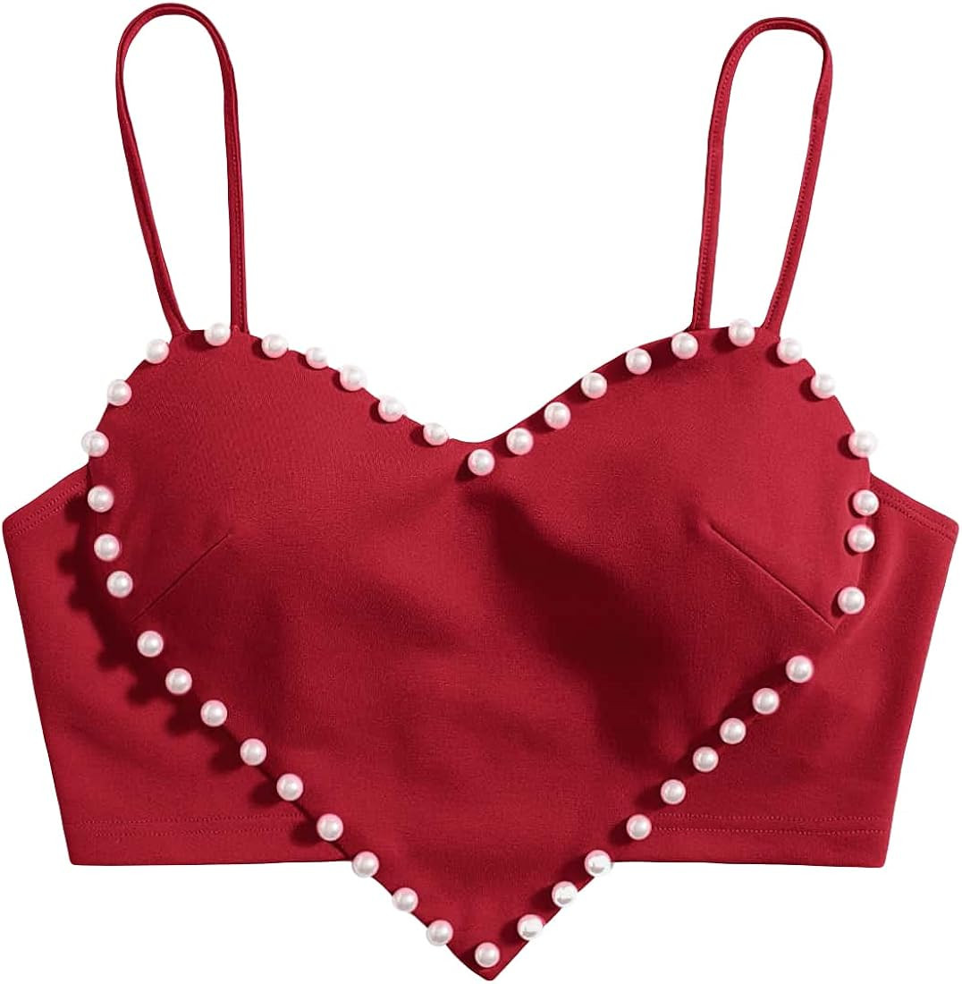 OYOANGLE Women's Pearls Trim Asymmetrical Hem Cami Crop Top Sleeveless Backless Spaghetti Strap C... | Amazon (US)