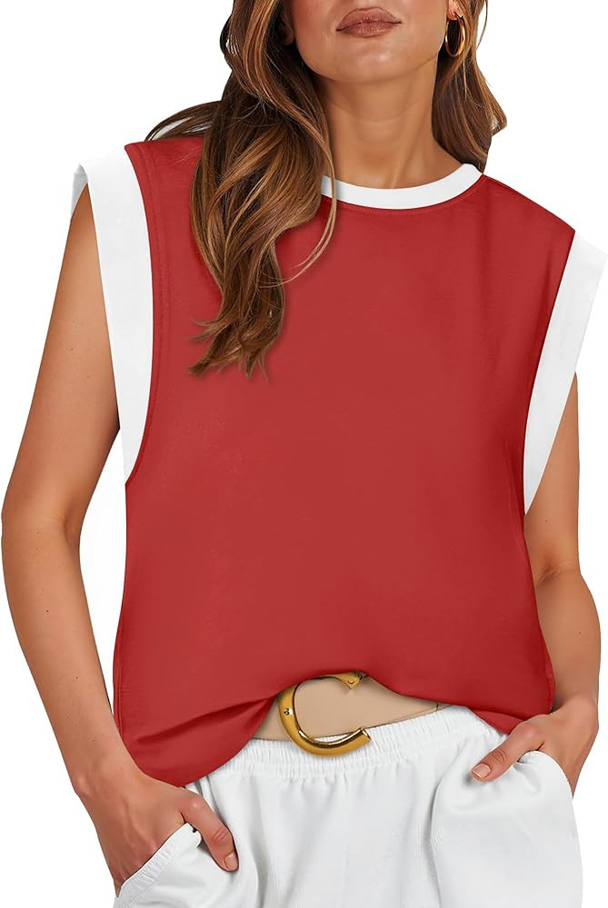 ZESICA Women's Cap Sleeve Tank Tops Loose Fit Summer Trendy Crewneck Colorblock Shirts | Amazon (US)