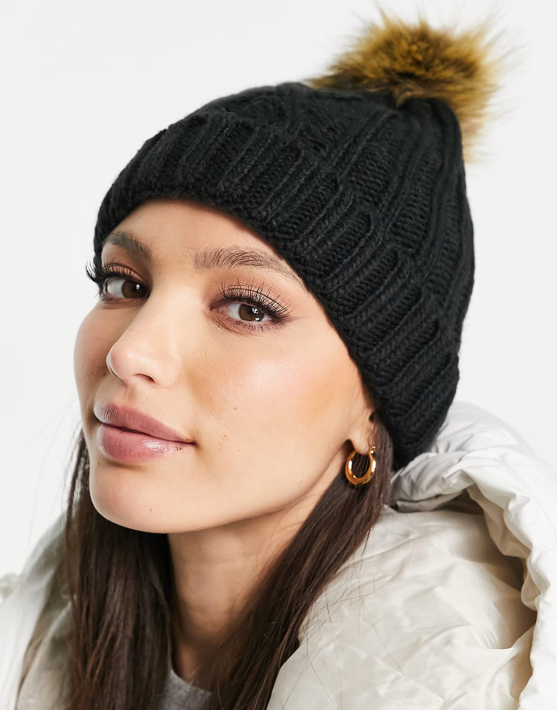 Boardmans cable knit bobble beanie hat in black | ASOS (Global)