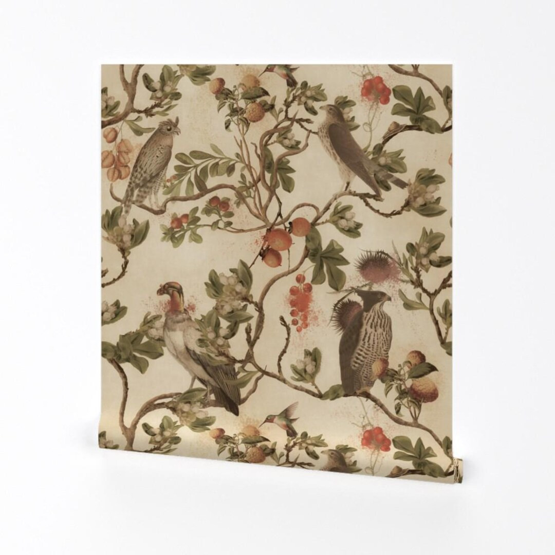Vintage Birds Removable Peel and Stick Wallpaper - Watercolor Chinoiserie Antiqued - Wall Art Wal... | Etsy (US)