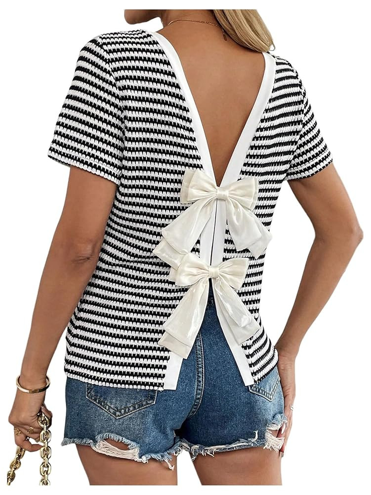 SOLY HUX Women's Striped T Shirt Cute Bow Back Short Sleeve Backless Tee Casual Summer Tops | Amazon (US)