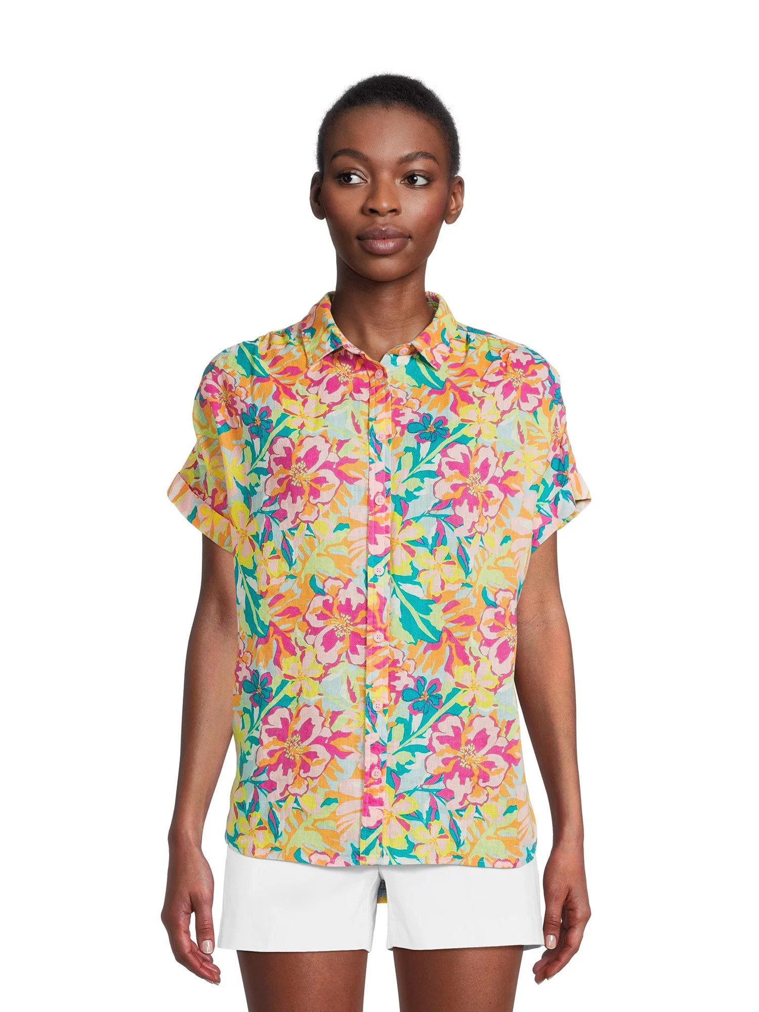 Time and Tru Women's Roll Cuff Button-Down Shirt | Walmart (US)