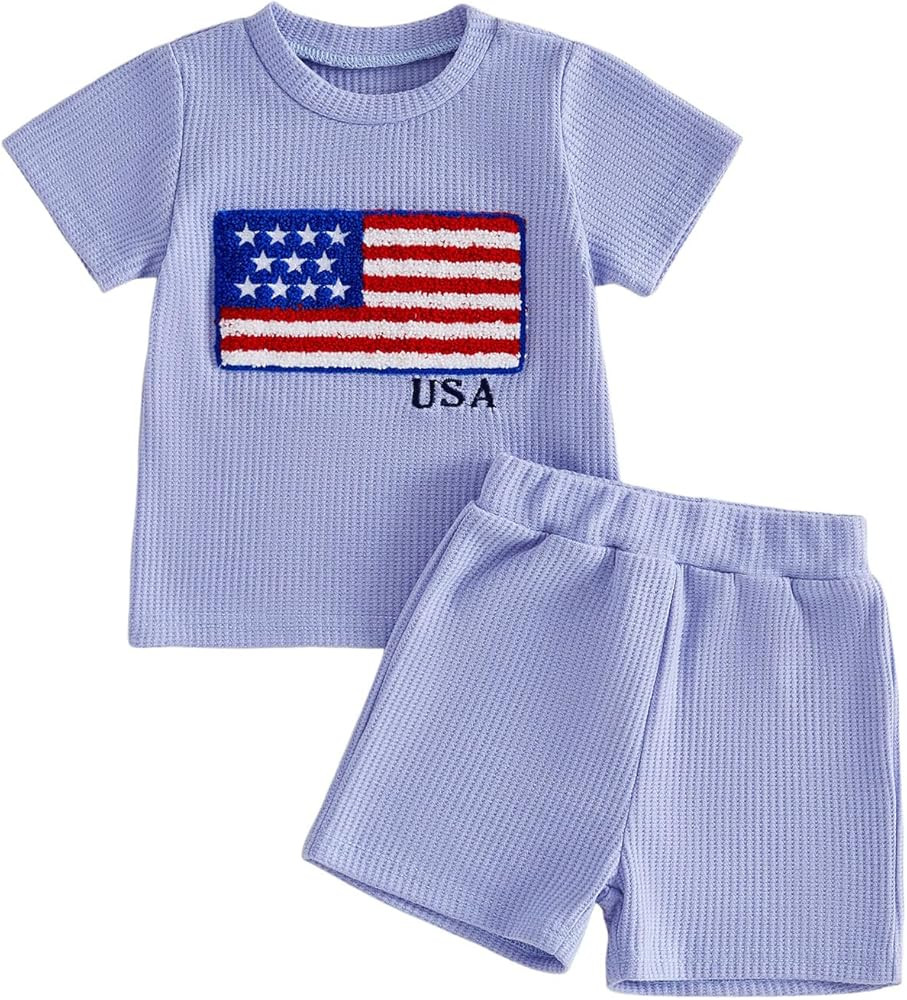 Karuedoo Toddler Baby Boy 4th of July Outfit American Flag Embroidery Waffle Knit Short Sleeve T ... | Amazon (US)