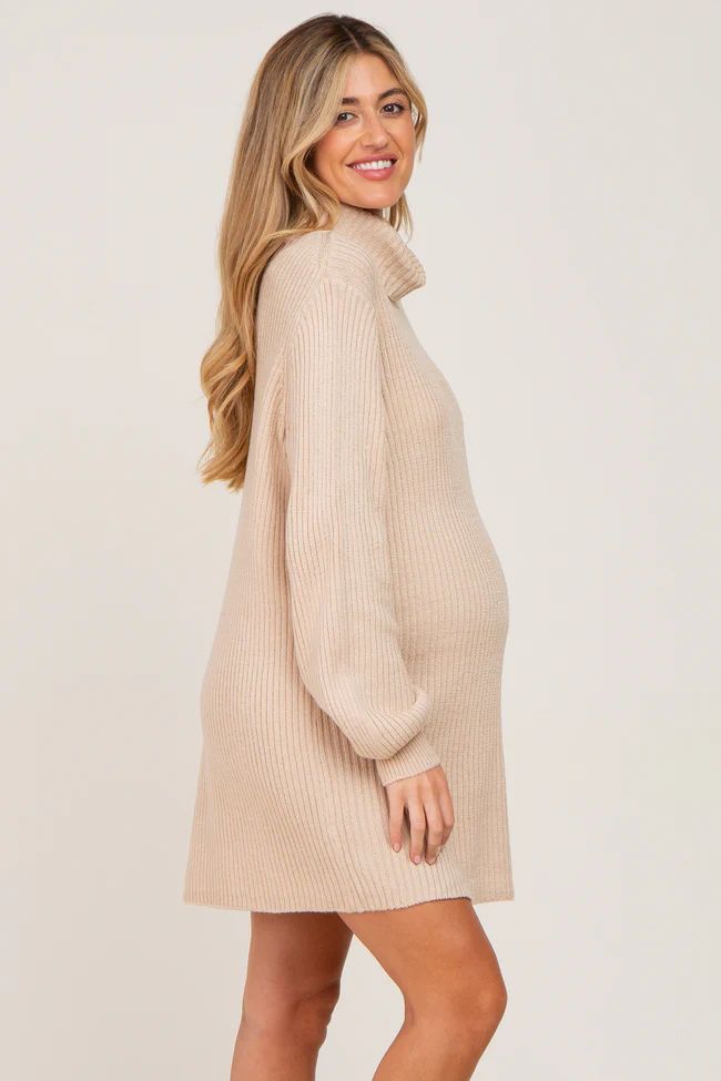 Beige Turtleneck Maternity Sweater Dress | PinkBlush Maternity