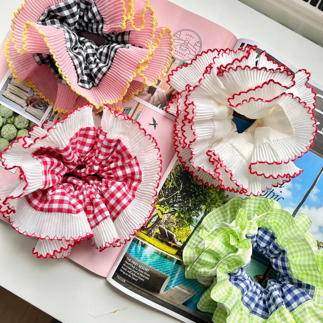 Oversized Frilly Gingham Scrunchie French Lace Frill Pleated Scrunchies Red Pink Green Double Lay... | Etsy (US)