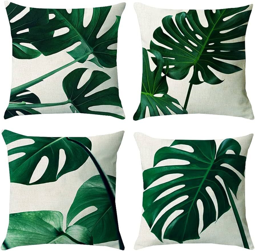 KAKABUQU Tropical Green Leaves Throw Pillow Covers 18x18 Set of 4, Linen Palm Leaf Leaves Decorat... | Amazon (US)
