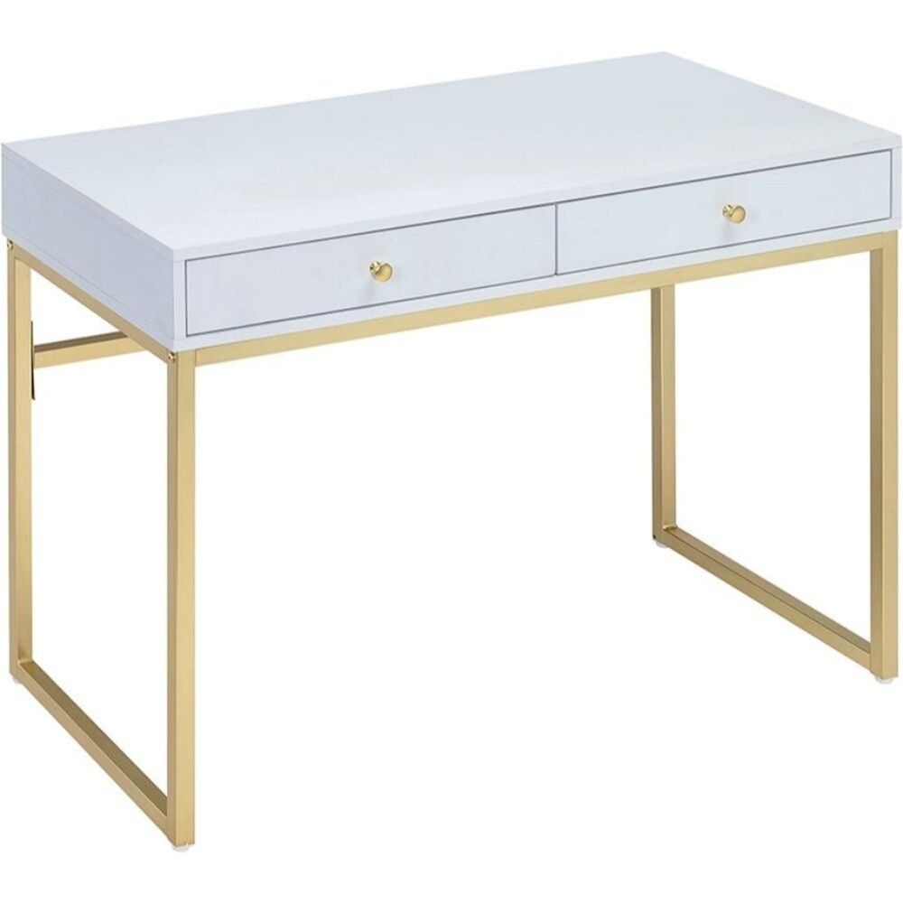Rectangular Two Drawer Wooden Desk With Metal Sled Legs, White And Gold | Bed Bath & Beyond