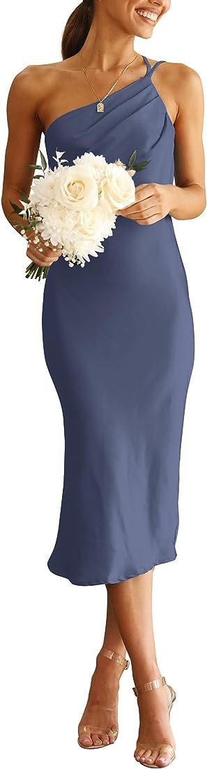 Women's Midi Satin Dress One Shoulder Spaghetti Strap Backless Ruched Summer Bodycon Dresses | Amazon (US)