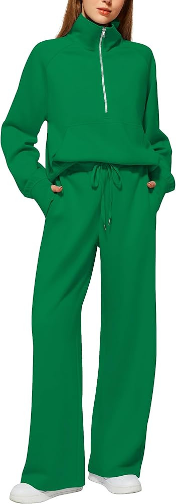 Women's 2 Piece Outfits Lounge Set 2025 Oversized Half Zip Sweatshirt Wide Leg Sweatpant Set Swea... | Amazon (US)