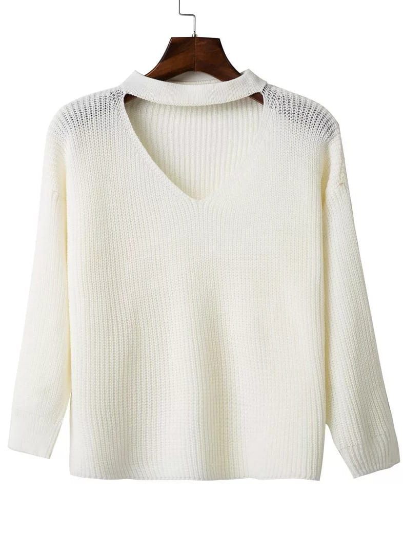 White Choker V Neck Drop Shoulder Sweater | SHEIN