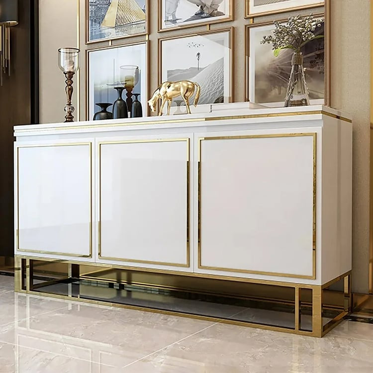 Medally 59" White Wood Sideboard Buffet Cabinet with Storage 3 Doors Gold Base | Homary