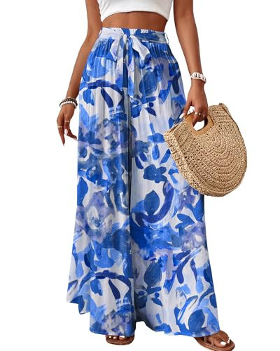 Bsubseach Wide Leg Pants Woman Flowy Floral Palazzo Pants for Women High Waisted Summer Casual Trousers Cruise Outfits Watercolor Blue L | Amazon (US)