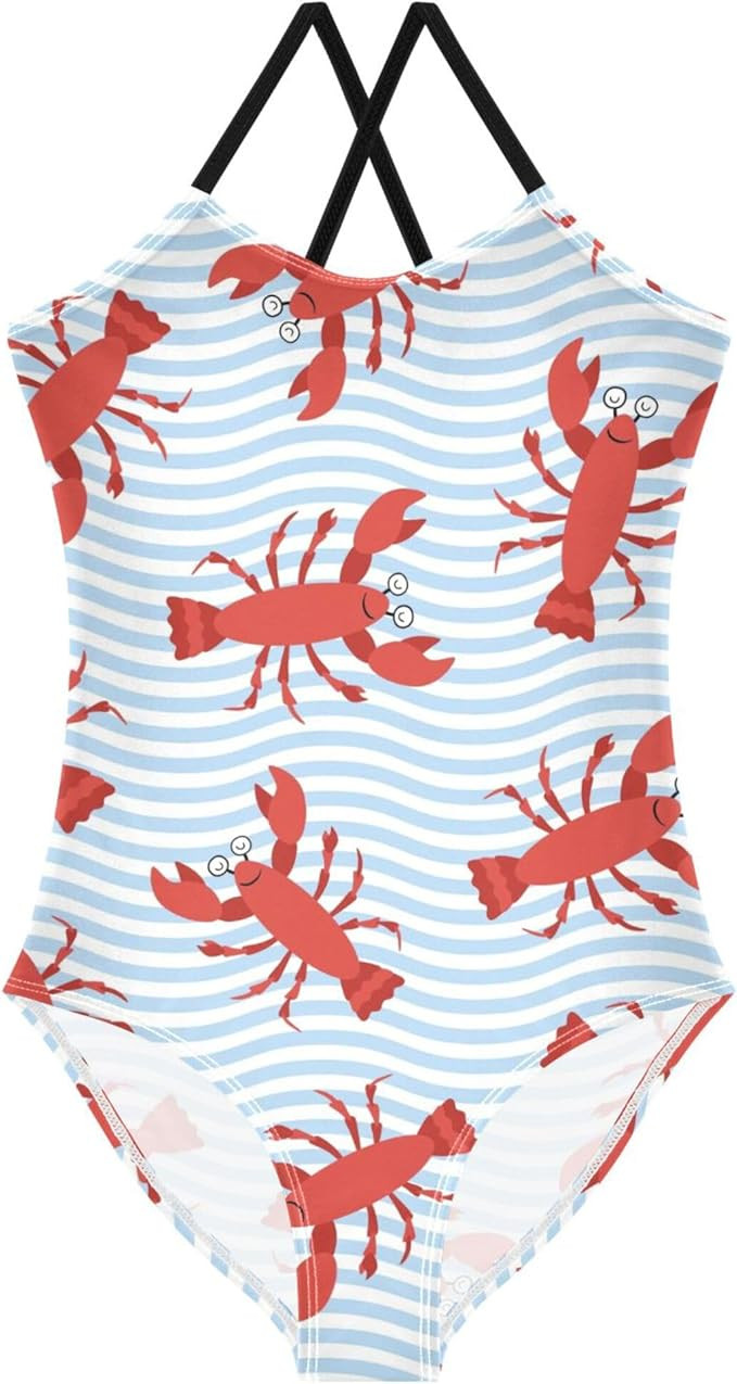 Cartoon Lobster Striped Baby Girls' Swimwear Toddler Girl One Piece Swimsuit Bathing Suits Size 3... | Amazon (US)